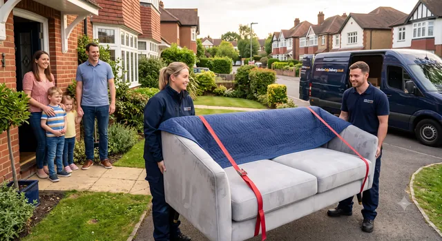 Two crew carrying a blanket-strapped sofa out of a UK family home