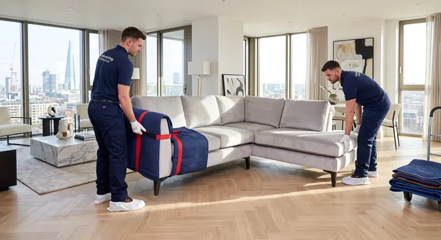White-glove two-person team positioning furniture in a luxury apartment